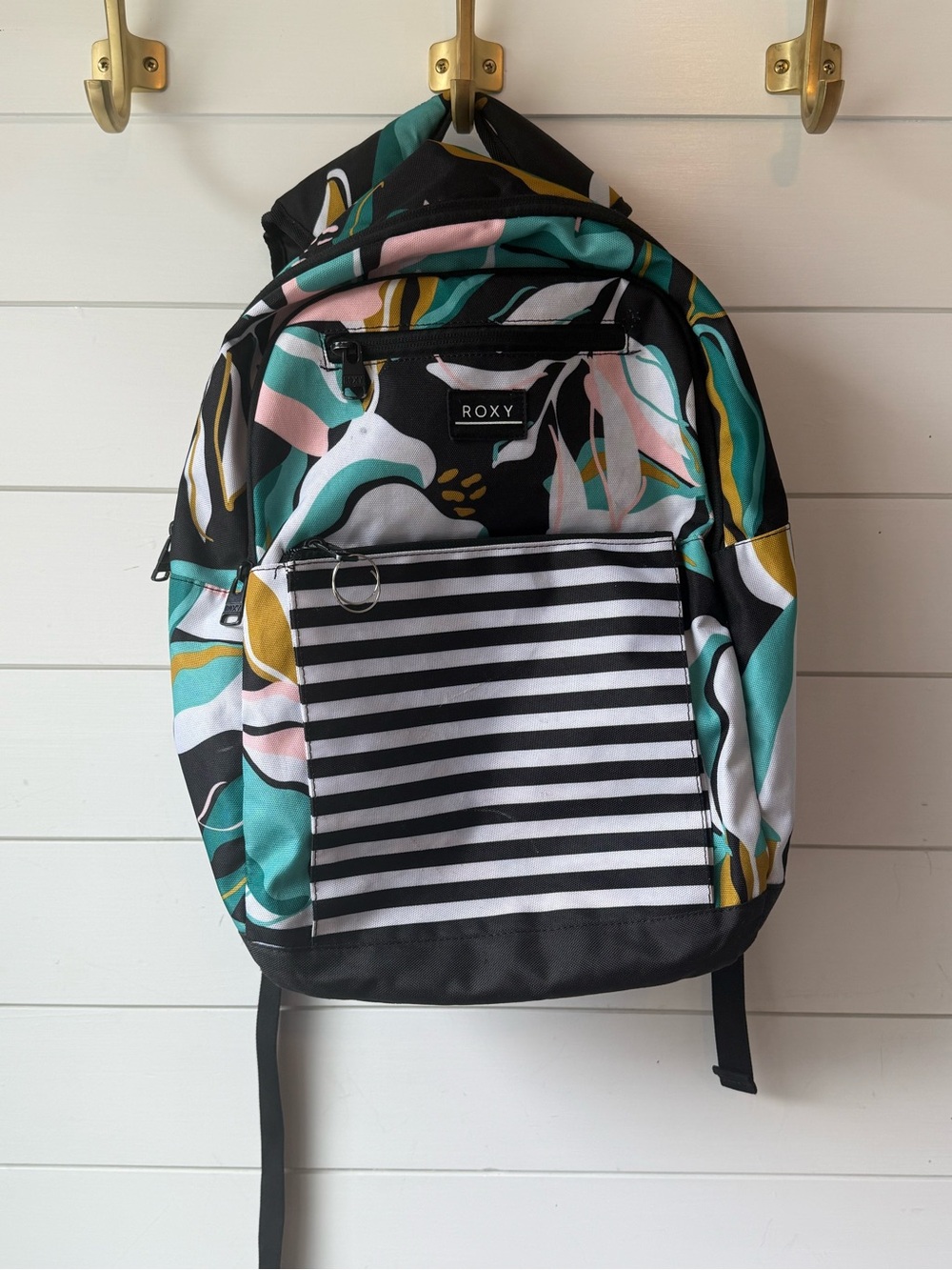Roxy black teal pink floral striped Full-size Backpack with Laptop compartment